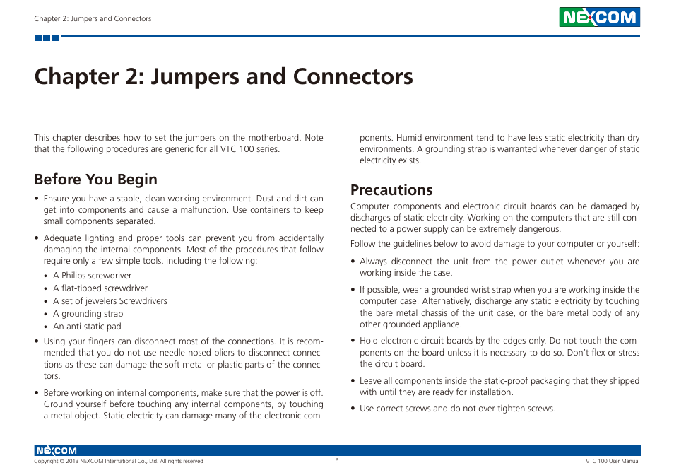 Chapter 2: jumpers and connectors, Before you begin precautions, Before you begin | Precautions | NEXCOM VTC 100 User Manual | Page 19 / 61