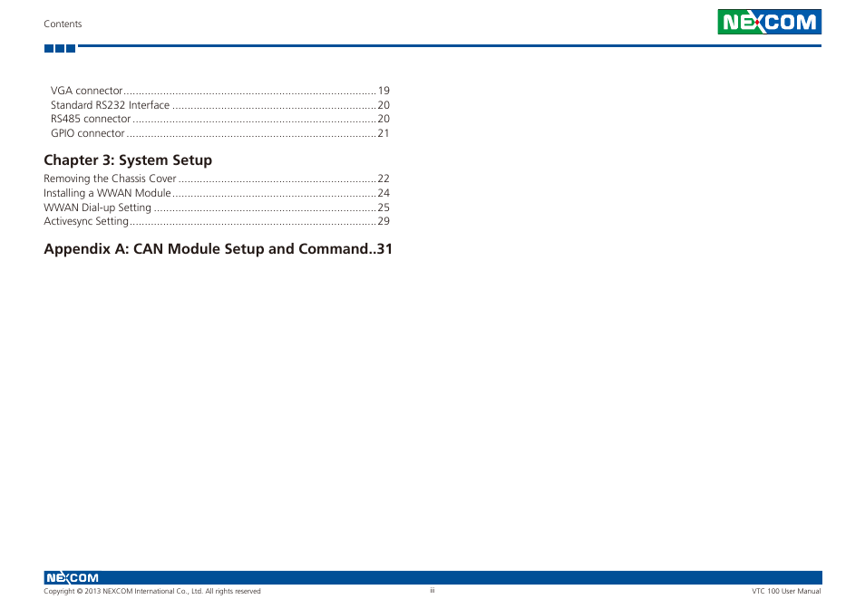 Chapter 3: system setup, Appendix a: can module setup and command | NEXCOM VTC 100 User Manual | Page 3 / 61