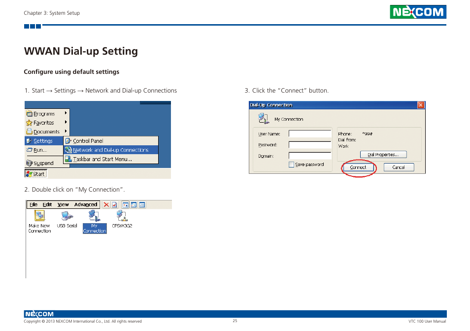 Wwan dial-up setting | NEXCOM VTC 100 User Manual | Page 38 / 61