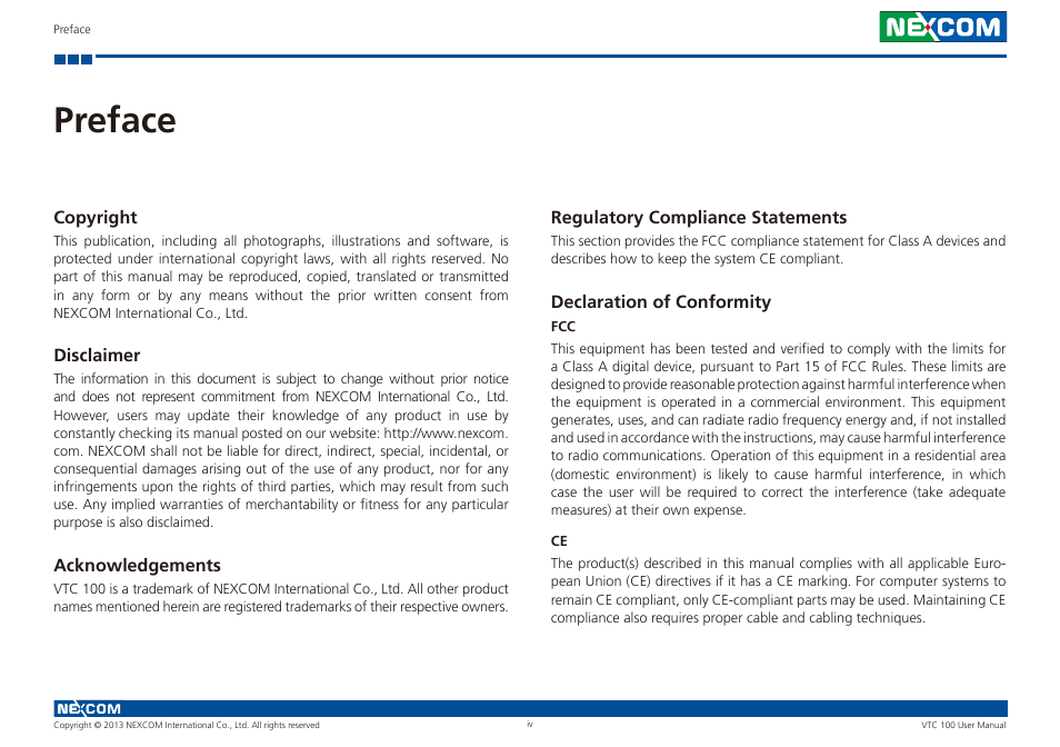 Preface | NEXCOM VTC 100 User Manual | Page 4 / 61