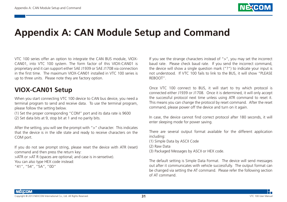 Appendix a: can module setup and command, Viox-can01 setup | NEXCOM VTC 100 User Manual | Page 44 / 61