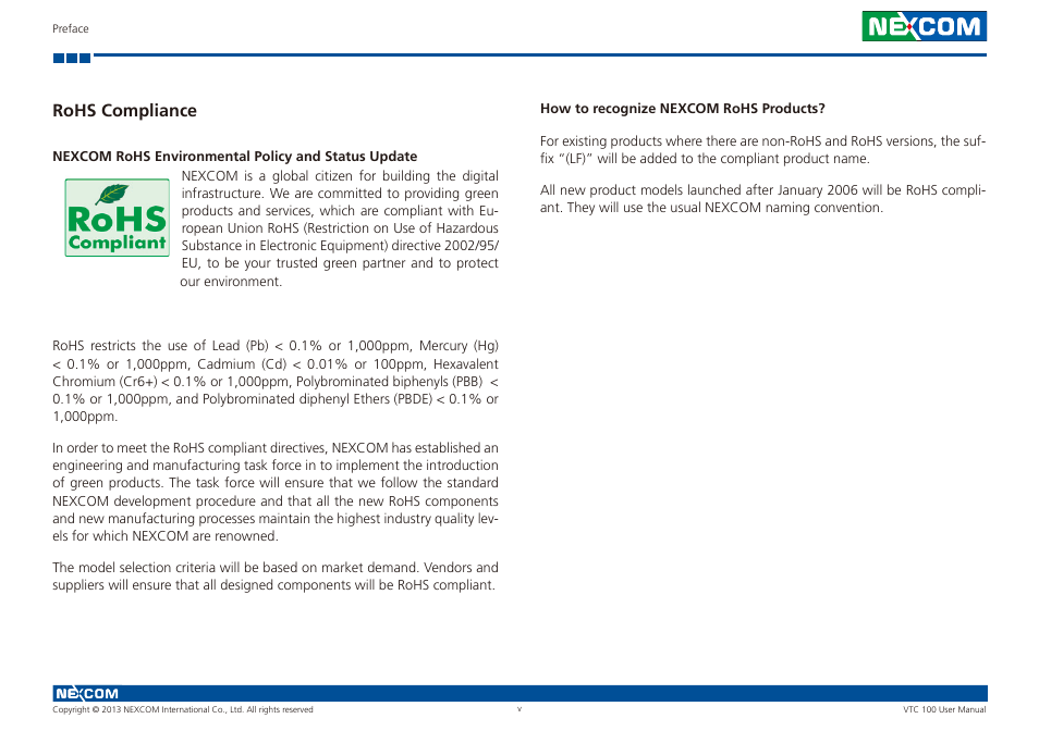Rohs compliance | NEXCOM VTC 100 User Manual | Page 5 / 61
