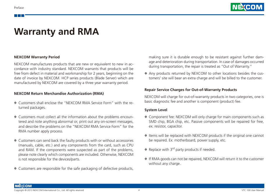 Warranty and rma | NEXCOM VTC 100 User Manual | Page 6 / 61