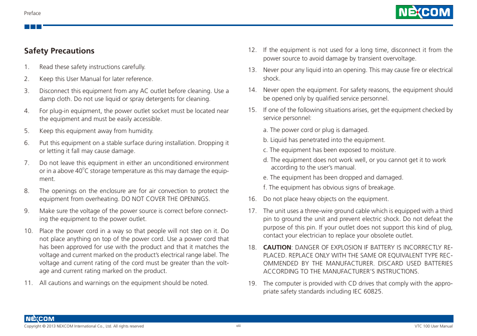 Safety precautions | NEXCOM VTC 100 User Manual | Page 8 / 61