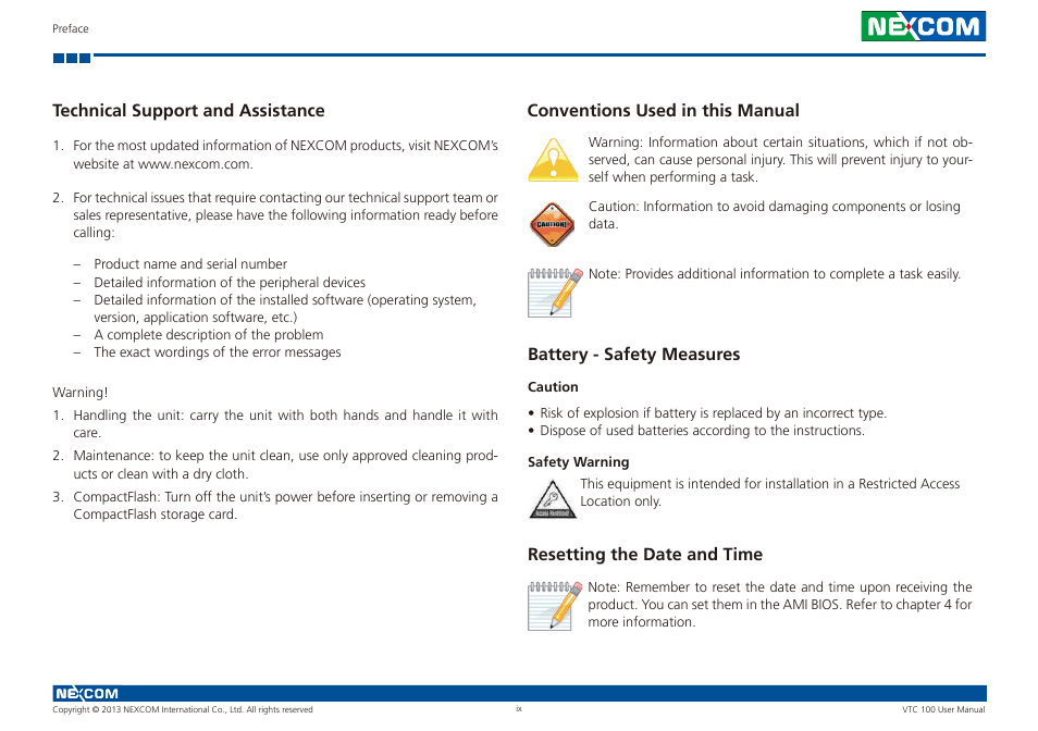 Technical support and assistance, Conventions used in this manual, Battery - safety measures | Resetting the date and time | NEXCOM VTC 100 User Manual | Page 9 / 61