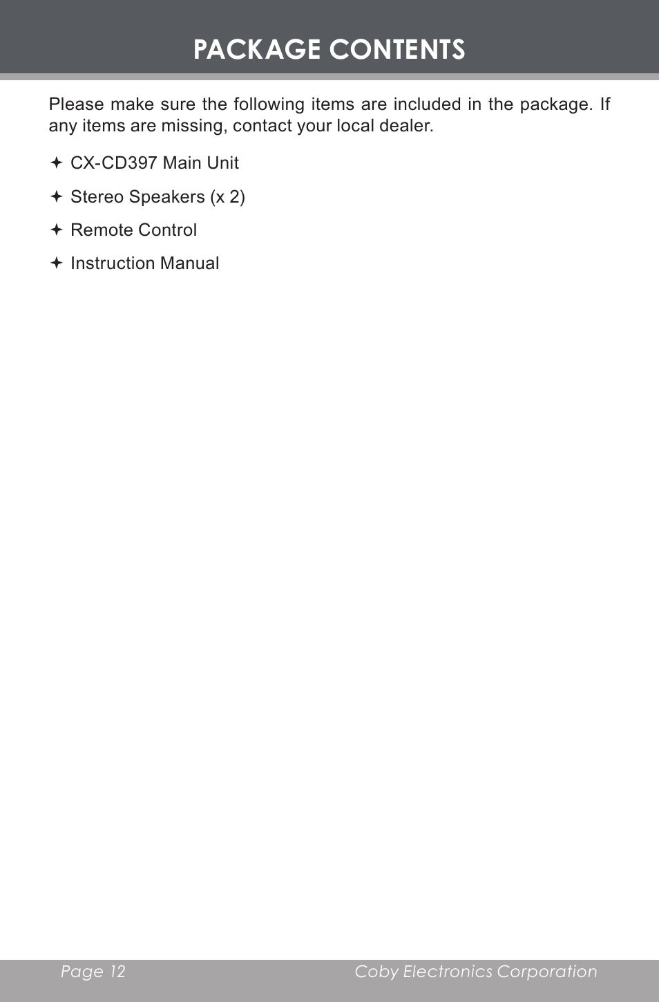 Package contents | COBY electronic CX-CD397 User Manual | Page 12 / 32