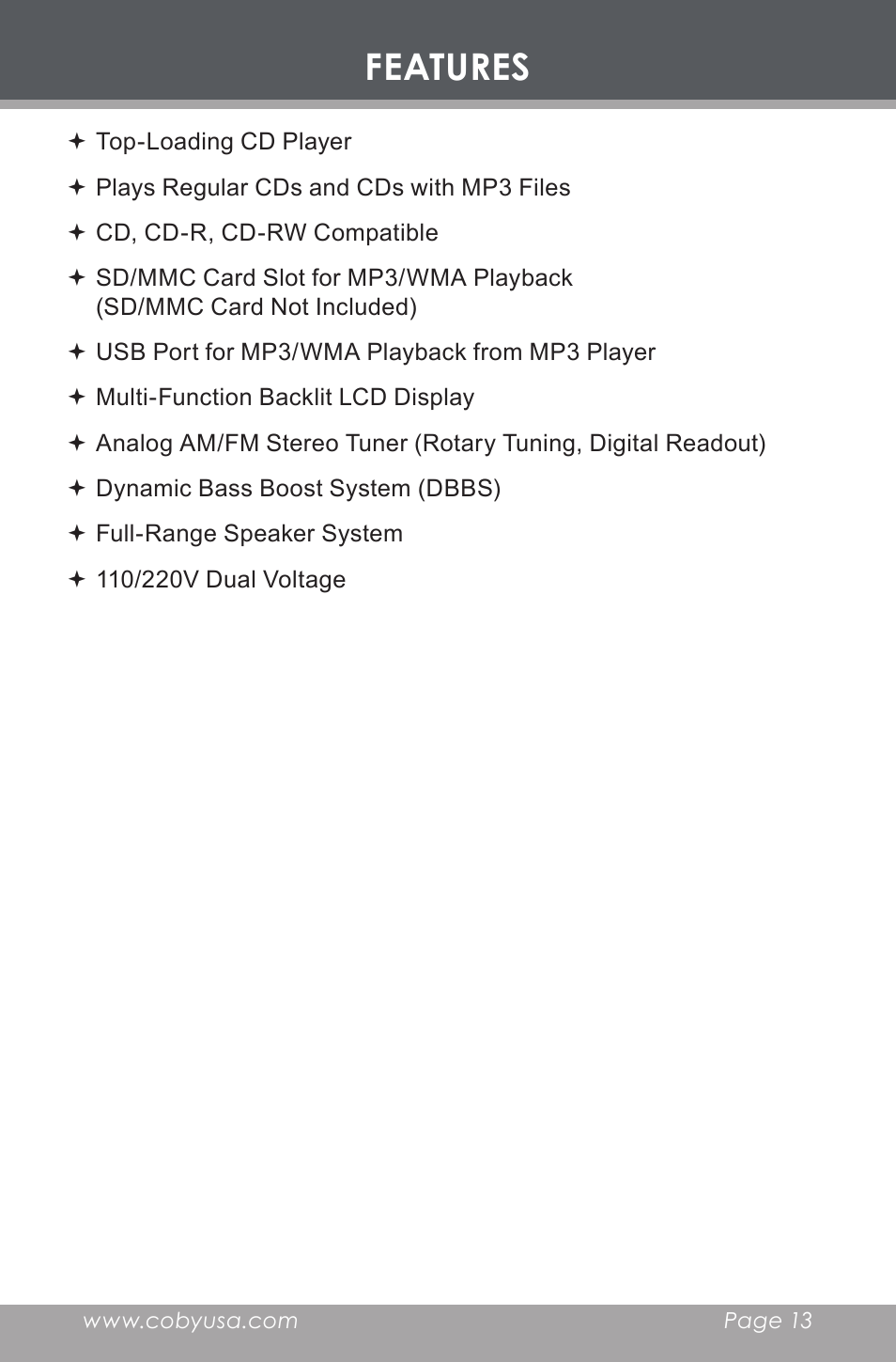 Features | COBY electronic CX-CD397 User Manual | Page 13 / 32