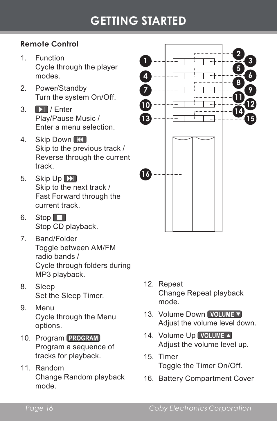 Remote control, Getting started | COBY electronic CX-CD397 User Manual | Page 16 / 32