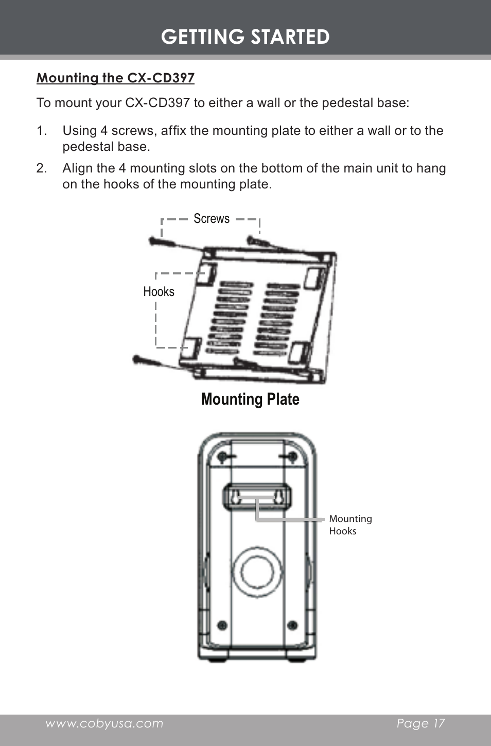 Mounting the cx-cd397, Getting started, Mounting plate | COBY electronic CX-CD397 User Manual | Page 17 / 32