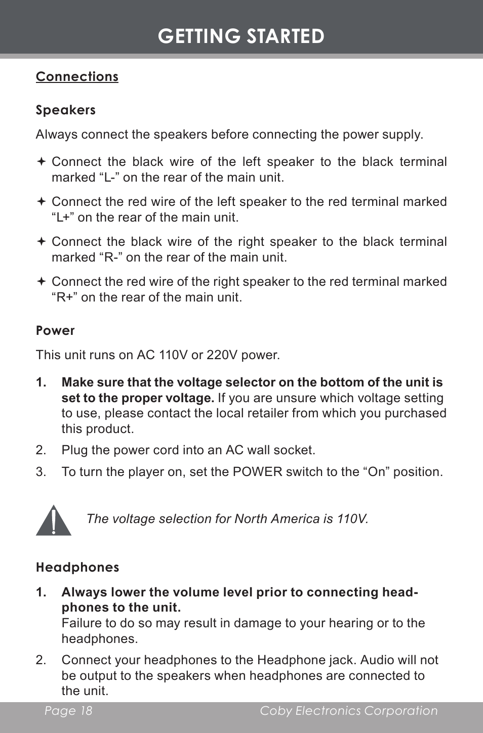 Connections, Speakers, Power | Headphones, Getting started | COBY electronic CX-CD397 User Manual | Page 18 / 32