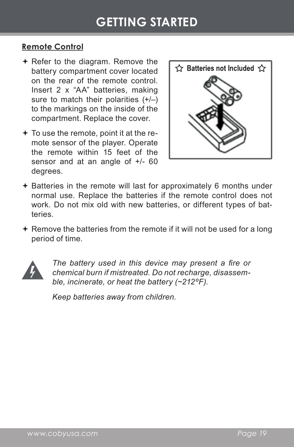 Remote control, Getting started | COBY electronic CX-CD397 User Manual | Page 19 / 32