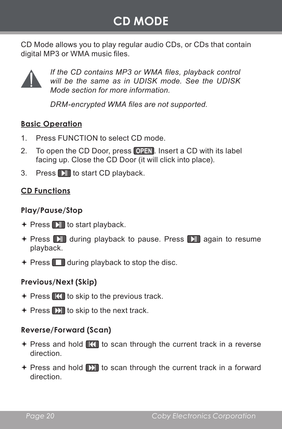 Cd mode, Basic operation, Cd functions | Play/pause/stop, Previous/next (skip), Reverse/forward (scan) | COBY electronic CX-CD397 User Manual | Page 20 / 32