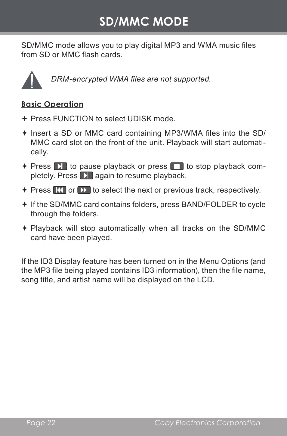 Sd/mmc mode, Basic operation | COBY electronic CX-CD397 User Manual | Page 22 / 32