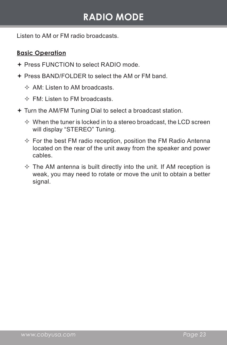 Radio mode, Basic operation | COBY electronic CX-CD397 User Manual | Page 23 / 32