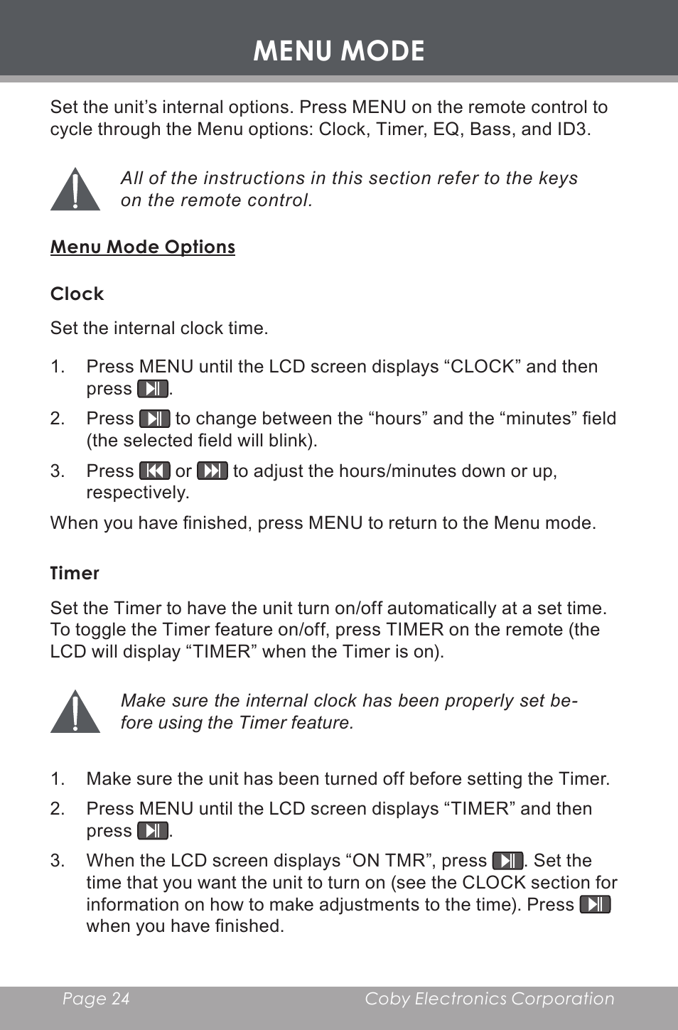 Menu mode, Menu mode options, Clock | Timer | COBY electronic CX-CD397 User Manual | Page 24 / 32