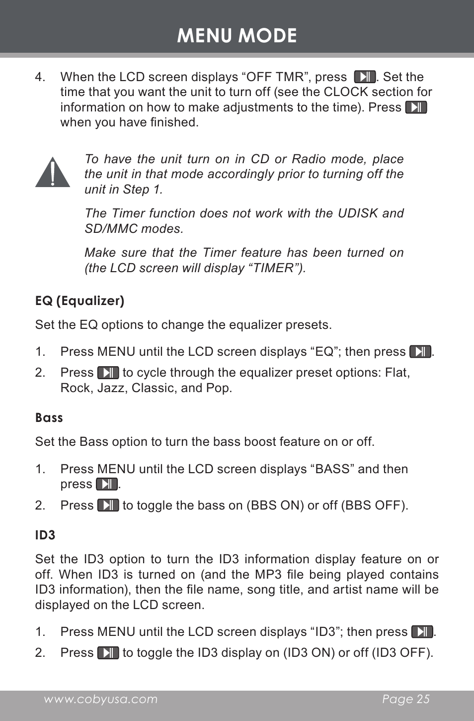 Eq (equalizer), Bass, Menu mode | COBY electronic CX-CD397 User Manual | Page 25 / 32