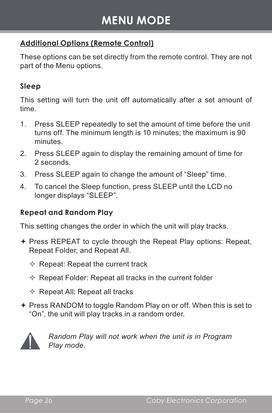 Additional options (remote control), Sleep, Repeat and random play | Menu mode | COBY electronic CX-CD397 User Manual | Page 26 / 32