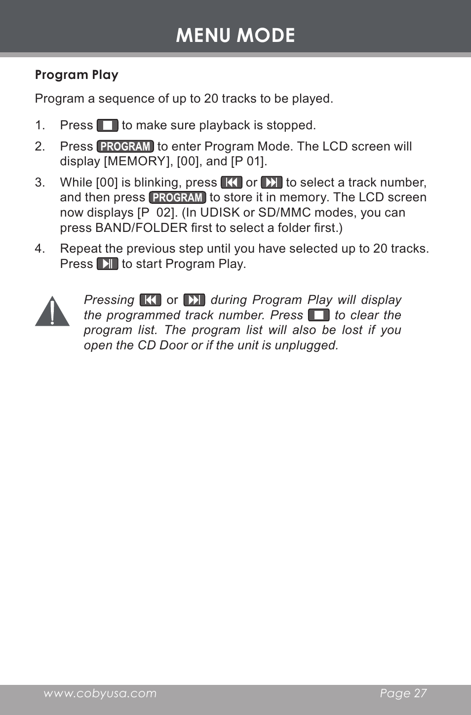 Program play, Menu mode | COBY electronic CX-CD397 User Manual | Page 27 / 32