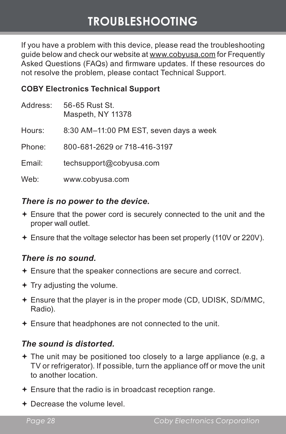 Troubleshooting | COBY electronic CX-CD397 User Manual | Page 28 / 32