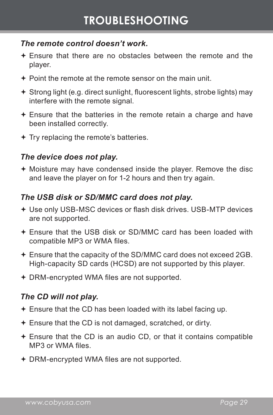 Troubleshooting | COBY electronic CX-CD397 User Manual | Page 29 / 32