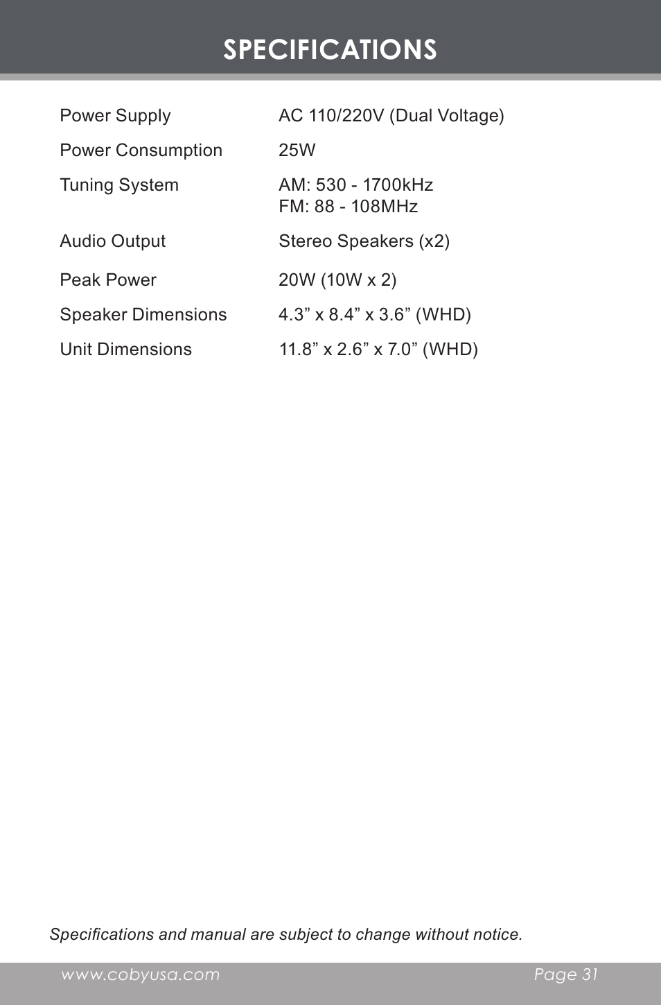 Specifications | COBY electronic CX-CD397 User Manual | Page 31 / 32