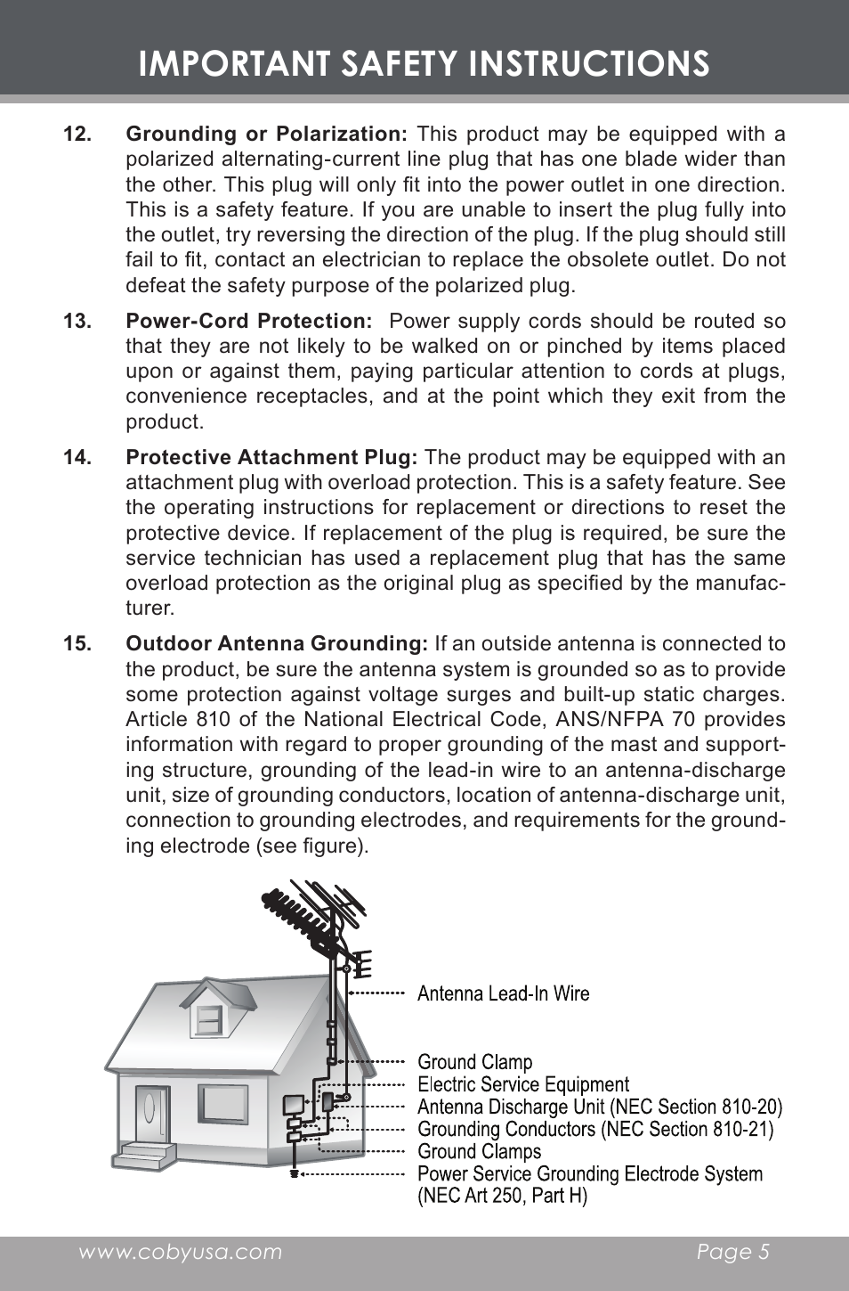 Important safety instructions | COBY electronic CX-CD397 User Manual | Page 5 / 32