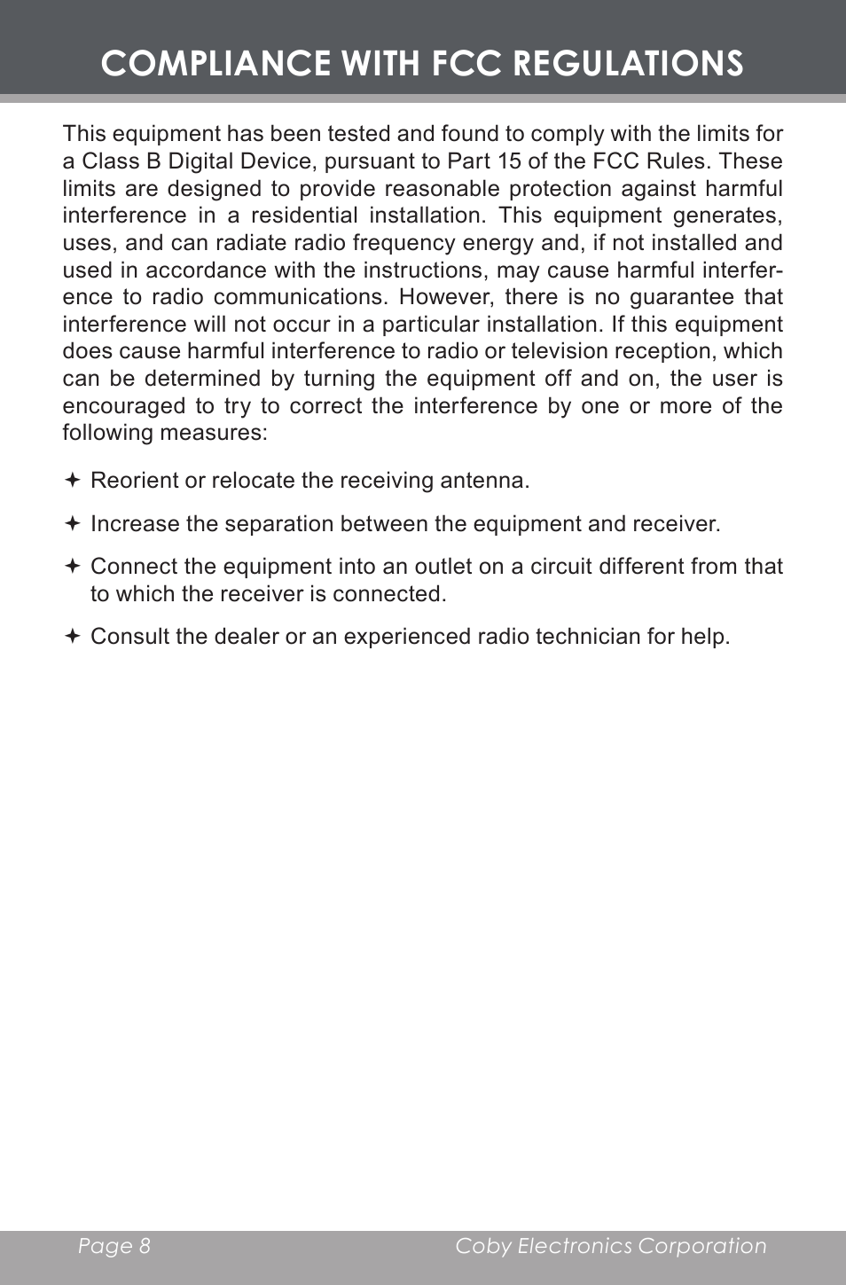 Compliance with fcc regulations | COBY electronic CX-CD397 User Manual | Page 8 / 32