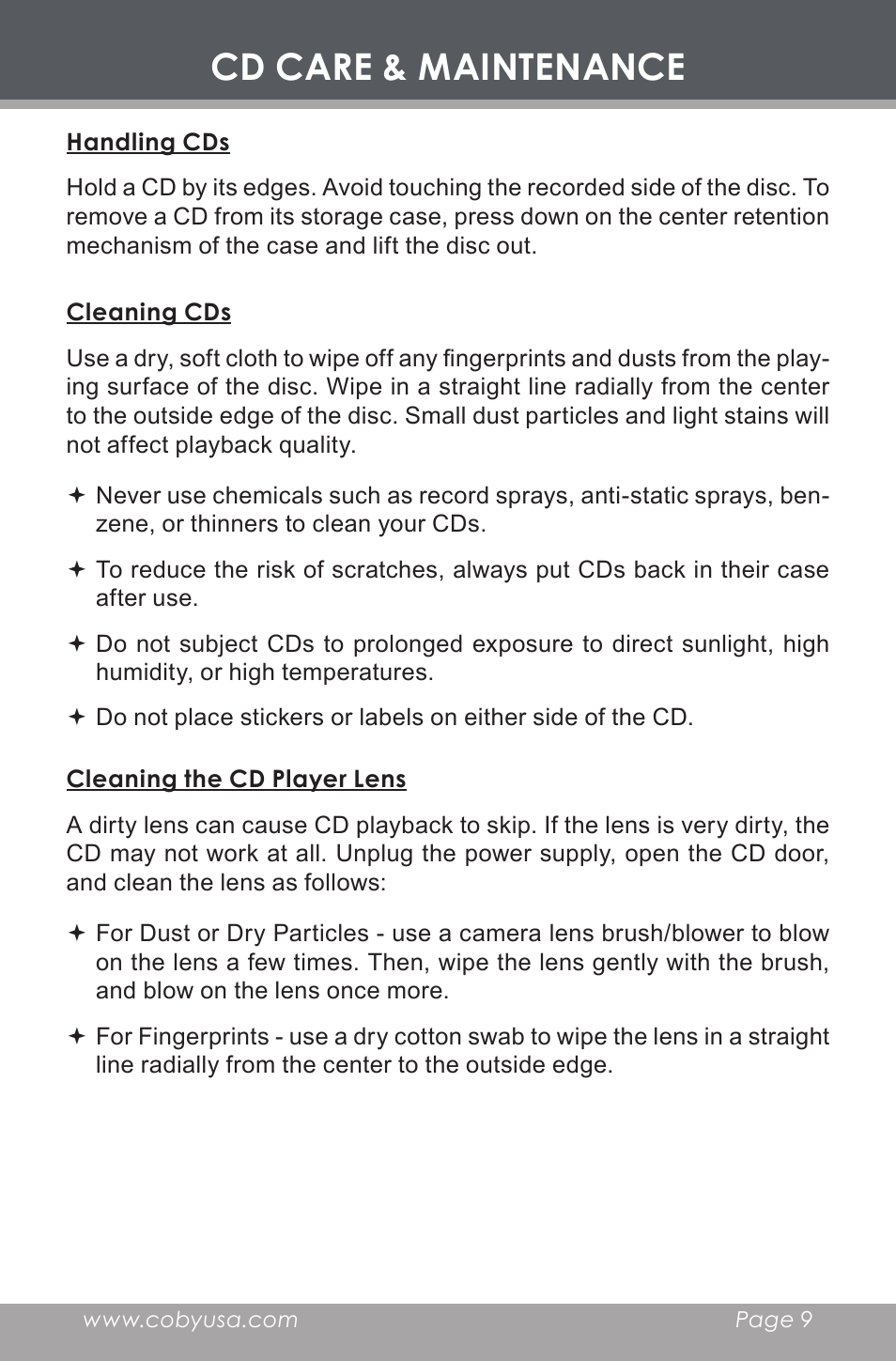 Cd care & maintenance, Handling cds, Cleaning cds | Cleaning the cd player lens | COBY electronic CX-CD397 User Manual | Page 9 / 32