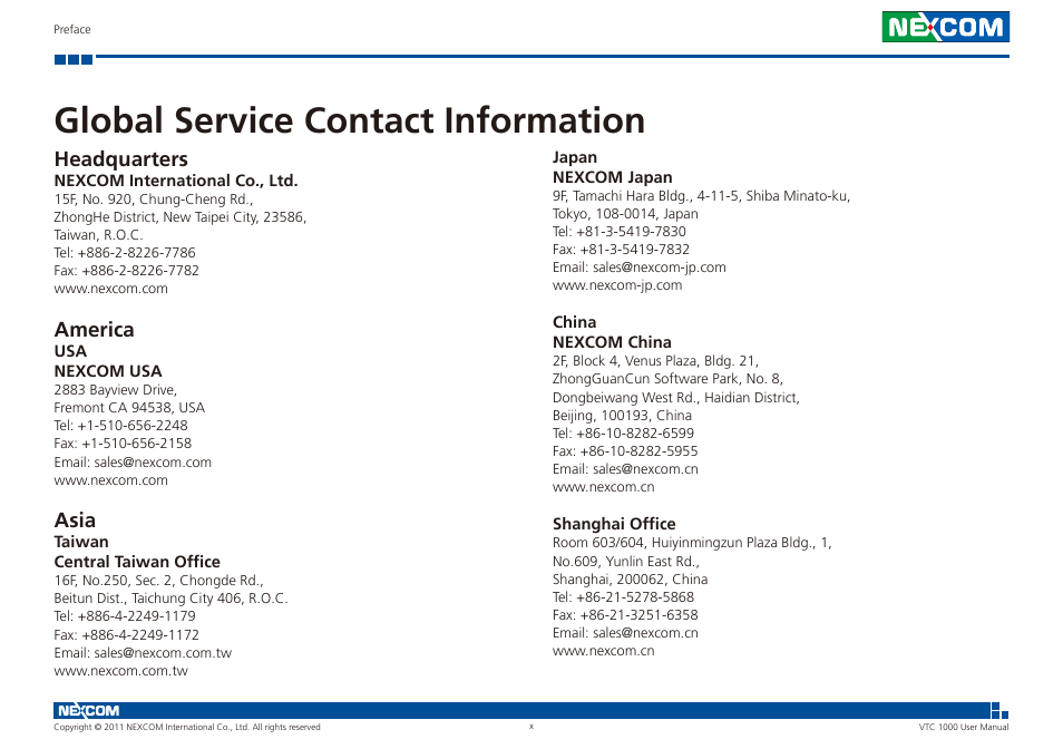 Global service contact information, Headquarters, America | Asia | NEXCOM VTC 1000 User Manual | Page 10 / 70