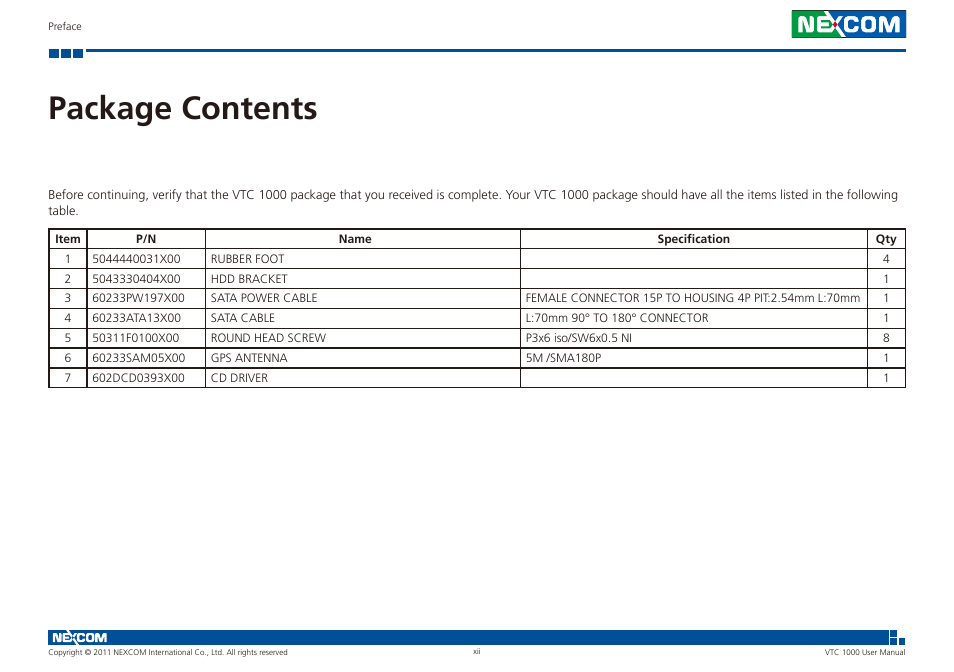 Package contents | NEXCOM VTC 1000 User Manual | Page 12 / 70