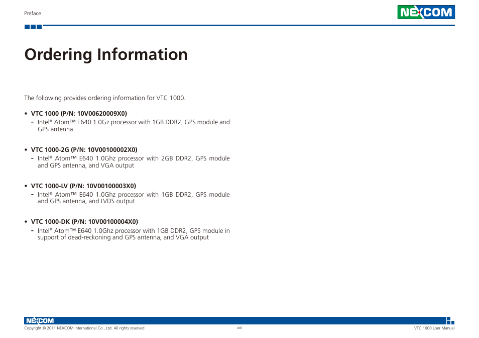 Ordering information | NEXCOM VTC 1000 User Manual | Page 13 / 70