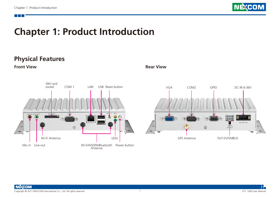 Chapter 1: product introduction, Physical features, Front view rear view | NEXCOM VTC 1000 User Manual | Page 14 / 70
