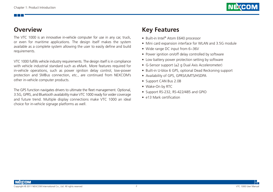 Overview key features, Overview, Key features | NEXCOM VTC 1000 User Manual | Page 15 / 70