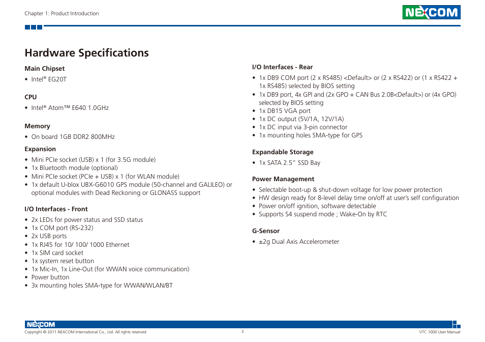 Hardware specifications | NEXCOM VTC 1000 User Manual | Page 16 / 70