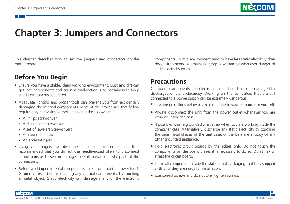 Chapter 3: jumpers and connectors, Before you begin precautions, Before you begin | Precautions | NEXCOM VTC 1000 User Manual | Page 26 / 70