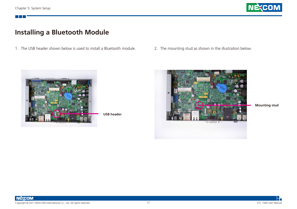 Installing a bluetooth module | NEXCOM VTC 1000 User Manual | Page 44 / 70