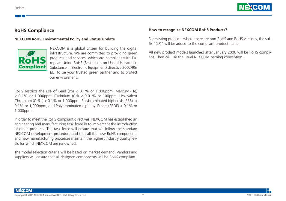 Rohs compliance | NEXCOM VTC 1000 User Manual | Page 5 / 70