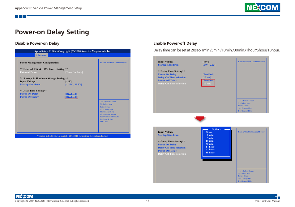 Power-on delay setting, Disable power-on delay | NEXCOM VTC 1000 User Manual | Page 61 / 70