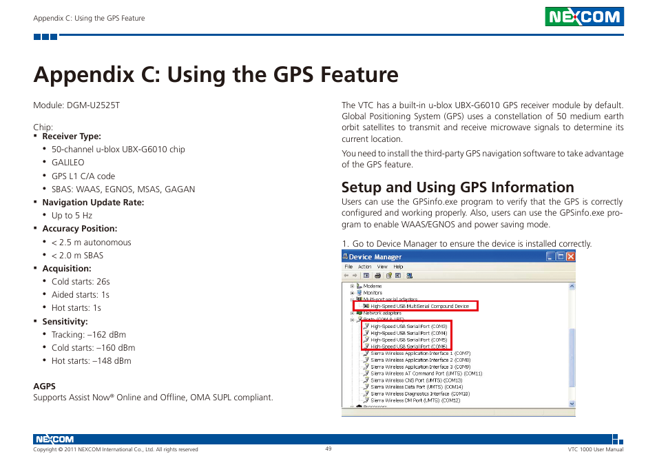 Appendix c: using the gps feature, Setup and using gps information | NEXCOM VTC 1000 User Manual | Page 62 / 70