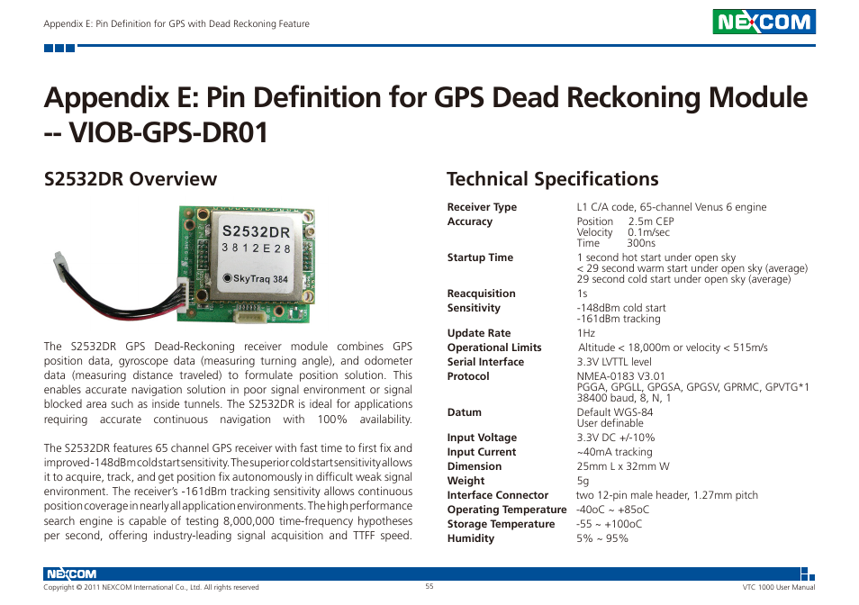 Appendix e: pin definition for gps dead reckoning, Module -- viob-gps-dr01, S2532dr overview technical specifications | NEXCOM VTC 1000 User Manual | Page 68 / 70