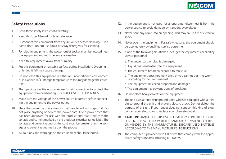 Safety precautions | NEXCOM VTC 1000 User Manual | Page 8 / 70