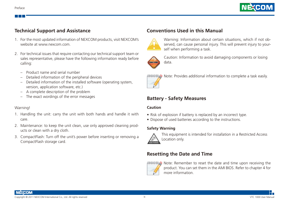Technical support and assistance, Conventions used in this manual, Battery - safety measures | Resetting the date and time | NEXCOM VTC 1000 User Manual | Page 9 / 70