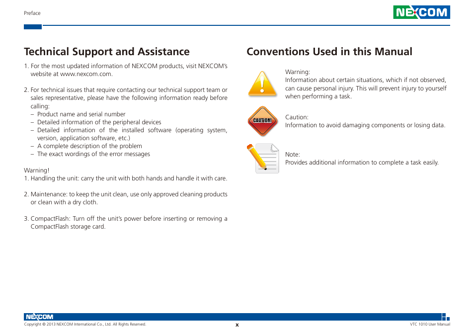 Conventions used in this manual, Technical support and assistance | NEXCOM VTC 1010 User Manual | Page 10 / 109