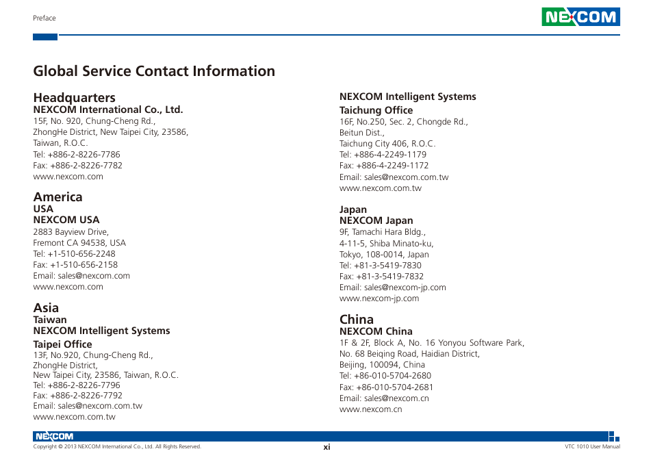 Global service contact information, Headquarters, America | Asia, China | NEXCOM VTC 1010 User Manual | Page 11 / 109