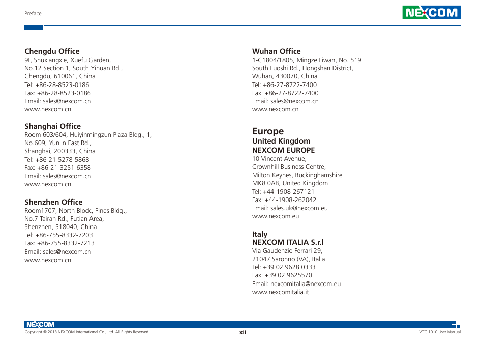 Europe | NEXCOM VTC 1010 User Manual | Page 12 / 109