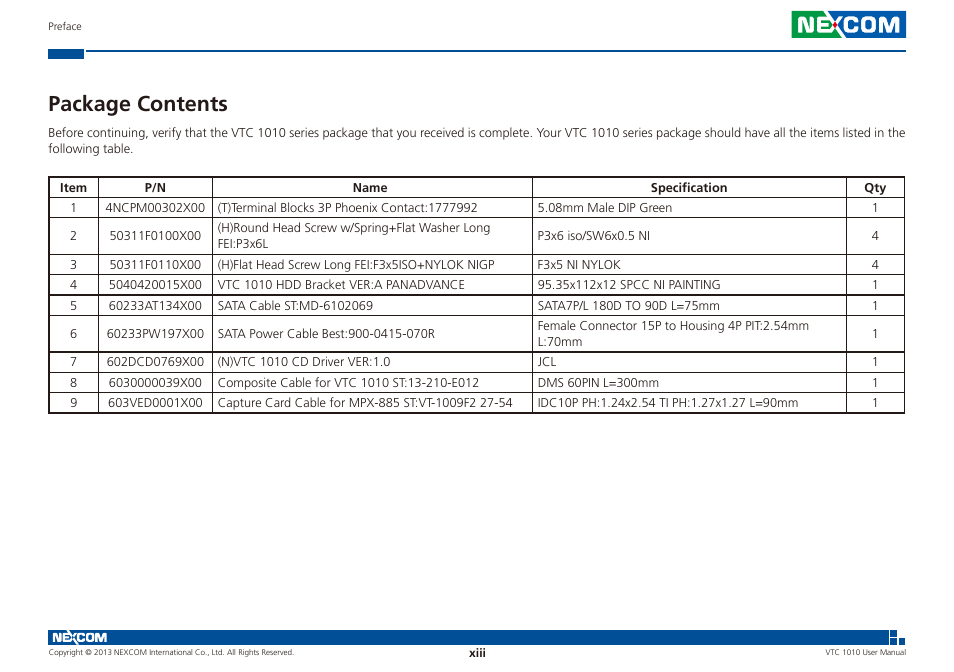 Package contents | NEXCOM VTC 1010 User Manual | Page 13 / 109