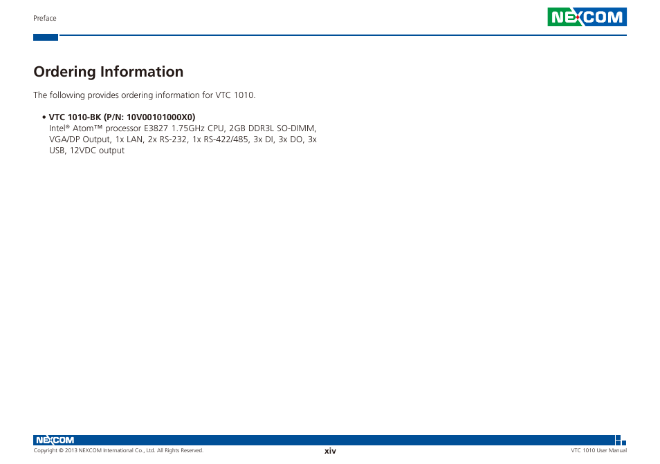 Ordering information | NEXCOM VTC 1010 User Manual | Page 14 / 109