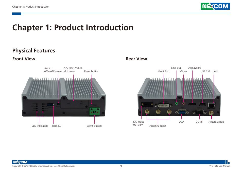 Chapter 1: product introduction, Physical features, Front view rear view | Front view, Rear view | NEXCOM VTC 1010 User Manual | Page 15 / 109