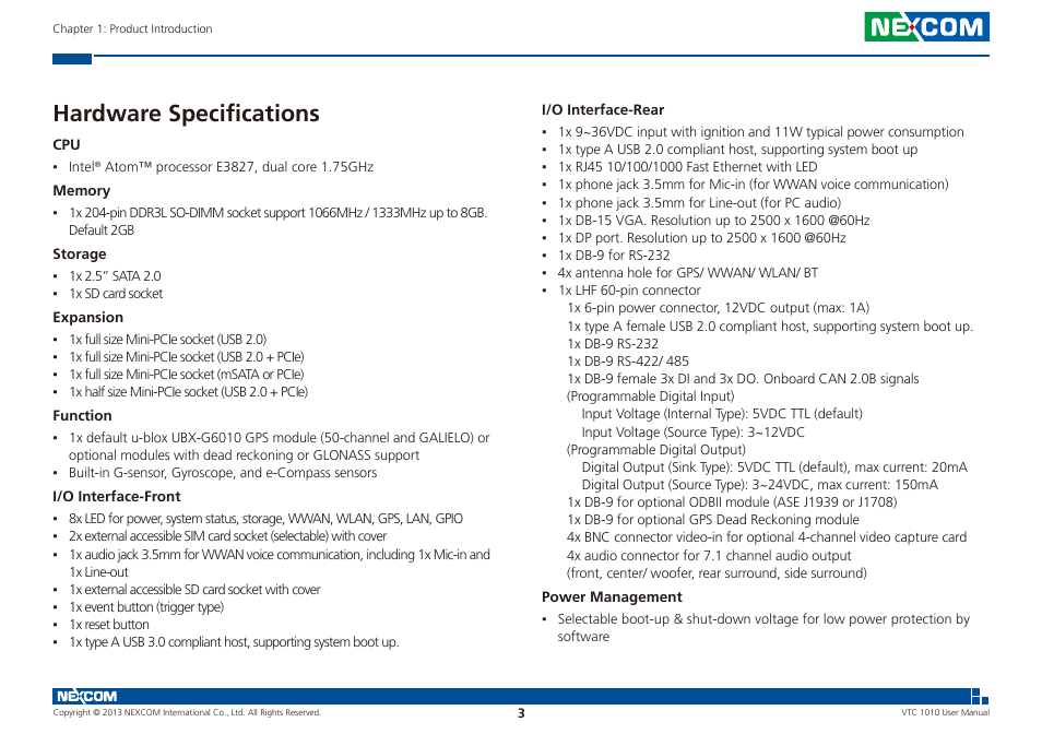 Hardware specifications | NEXCOM VTC 1010 User Manual | Page 17 / 109