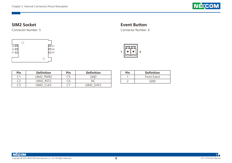 Sim2 socket event button, Sim2 socket, Event button | NEXCOM VTC 1010 User Manual | Page 23 / 109